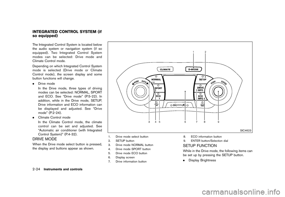 NISSAN JUKE 2016 F15 / 1.G Owners Manual ������
�> �(�G�L�W� ����� �� � �0�R�G�H�O� �)���� �@
2-24Instruments and controls
GUID-F75DC192-4AA8-4A55-AE59-59A76A90EBC4The Integrated Control System is located below
the audio 