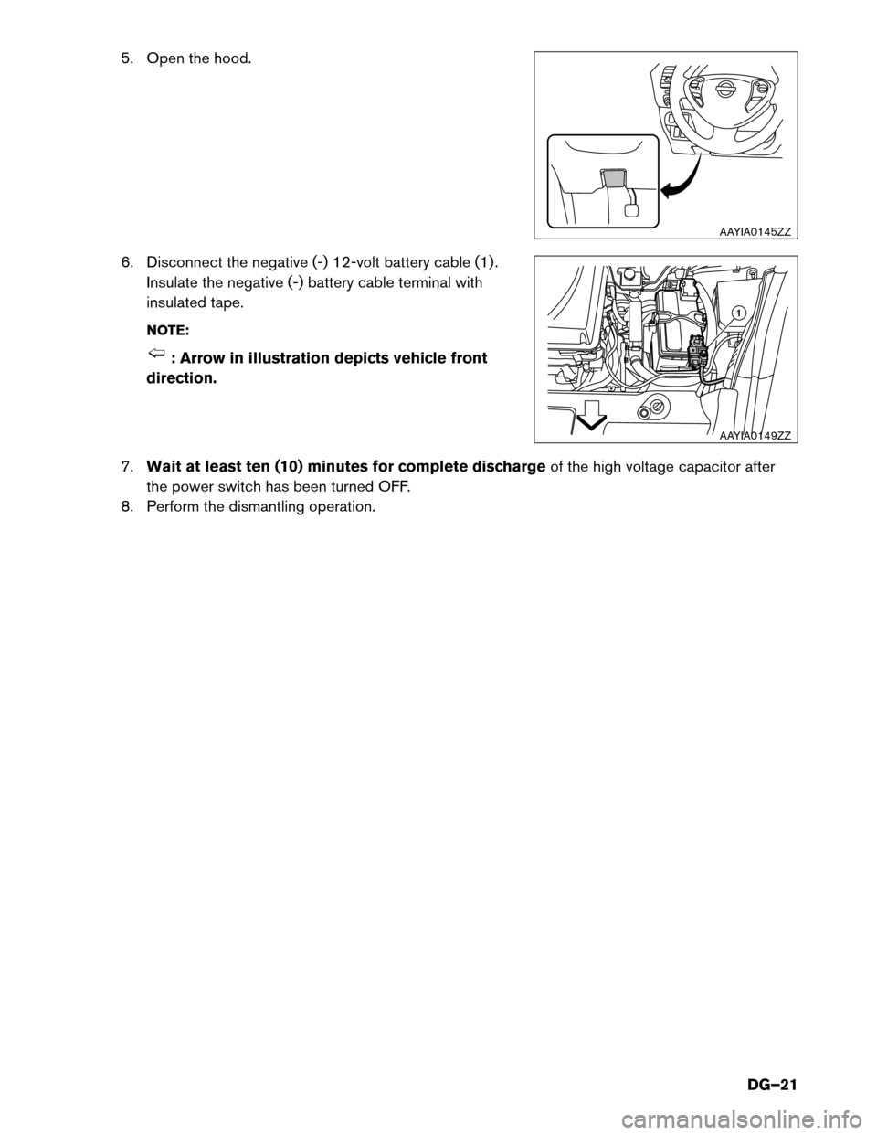 NISSAN LEAF 2016 1.G Dismantling Guide 5. Open the hood.
6.
Disconnect the negative (-) 12-volt battery cable (1) .
Insulate the negative (-) battery cable terminal with
insulated tape.
NOTE: : Arrow in illustration depicts vehicle front
d