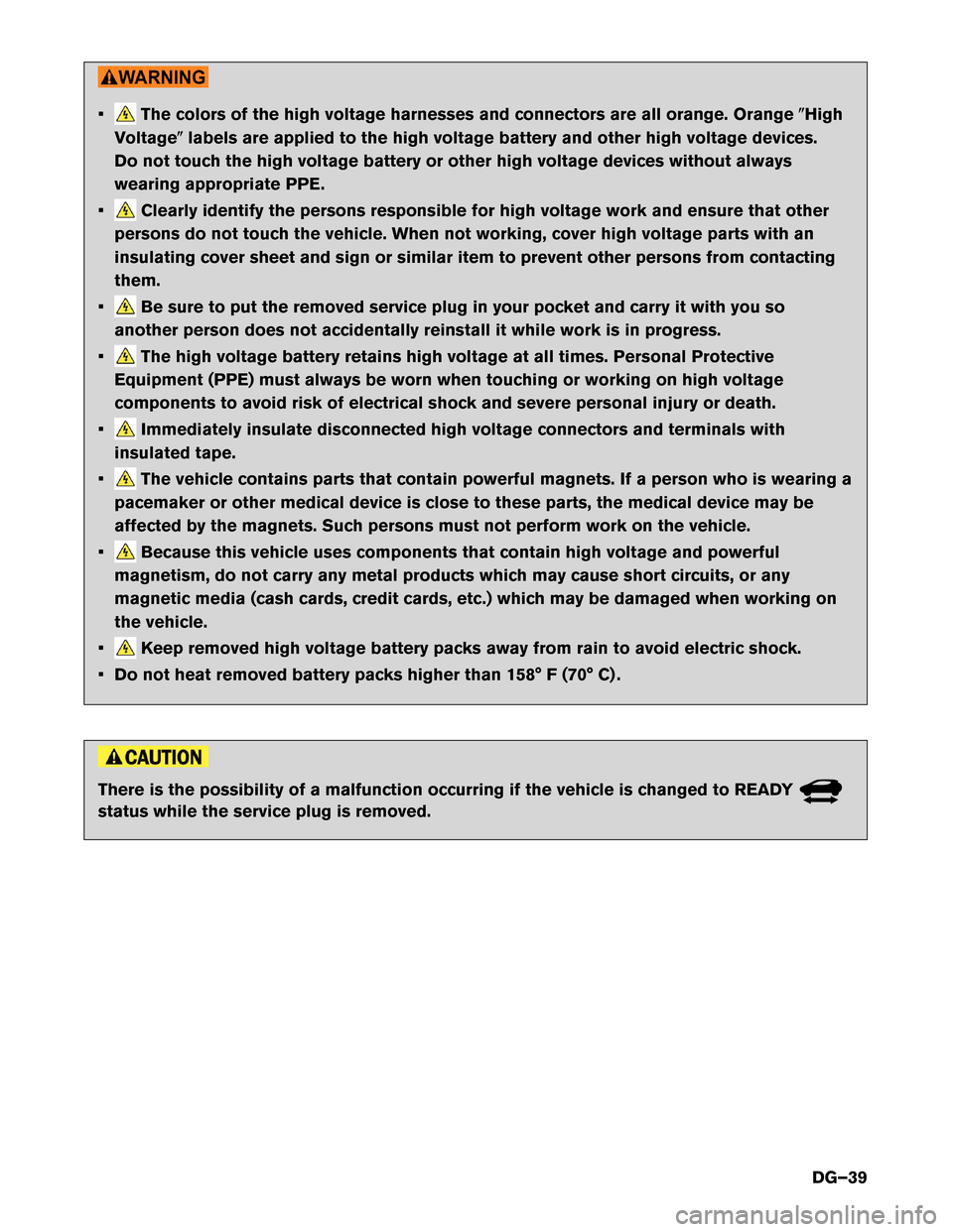 NISSAN LEAF 2016 1.G Dismantling Guide • The colors of the high voltage harnesses and connectors are all orange. Orange
�High
V
oltage� labels are applied to the high voltage battery and other high voltage devices.
Do not touch the high 