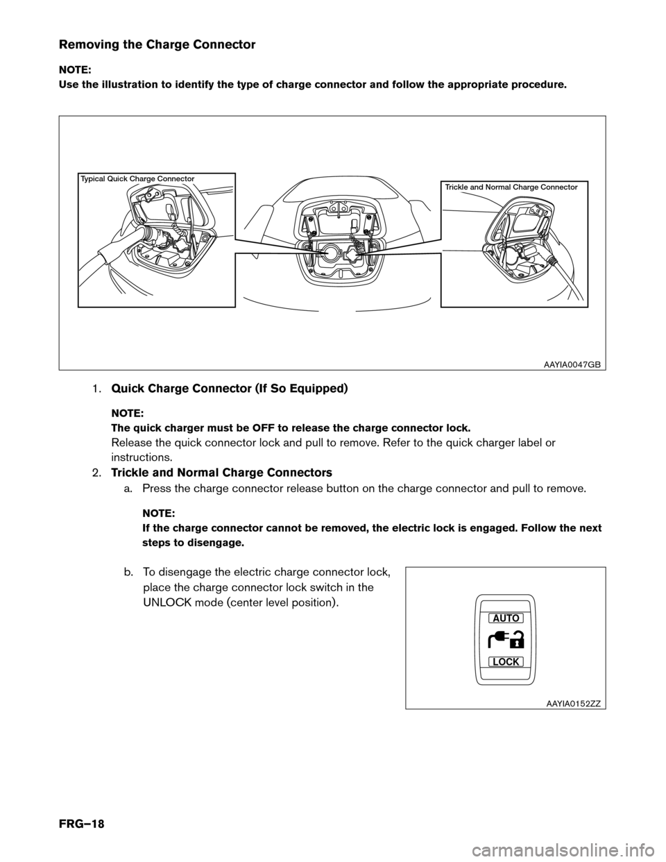 NISSAN LEAF 2016 1.G First Responders Guide Removing the Charge Connector
NO
TE:
Use the illustration to identify the type of charge connector and follow the appropriate procedure.
1.Quick Charge Connector (If So Equipped)
NOTE:
The quick charg NISSAN LEAF 2016 1.G First Responders Guide Removing the Charge Connector
NO
TE:
Use the illustration to identify the type of charge connector and follow the appropriate procedure.
1.Quick Charge Connector (If So Equipped)
NOTE:
The quick charg