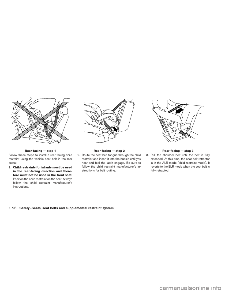NISSAN LEAF 2016 1.G Owners Guide Follow these steps to install a rear-facing child
restraint using the vehicle seat belt in the rear
seats:
1.Child restraints for infants must be used
in the rear-facing direction and there-
fore must