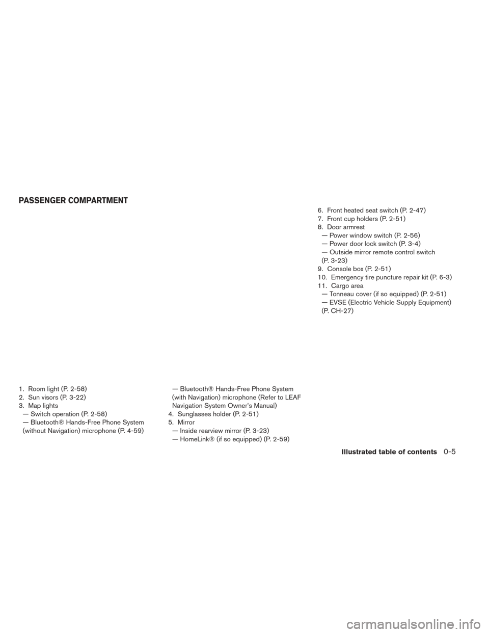 NISSAN LEAF 2016 1.G Owners Manual 1. Room light (P. 2-58)
2. Sun visors (P. 3-22)
3. Map lights— Switch operation (P. 2-58)
— Bluetooth® Hands-Free Phone System
(without Navigation) microphone (P. 4-59) — Bluetooth® Hands-Free