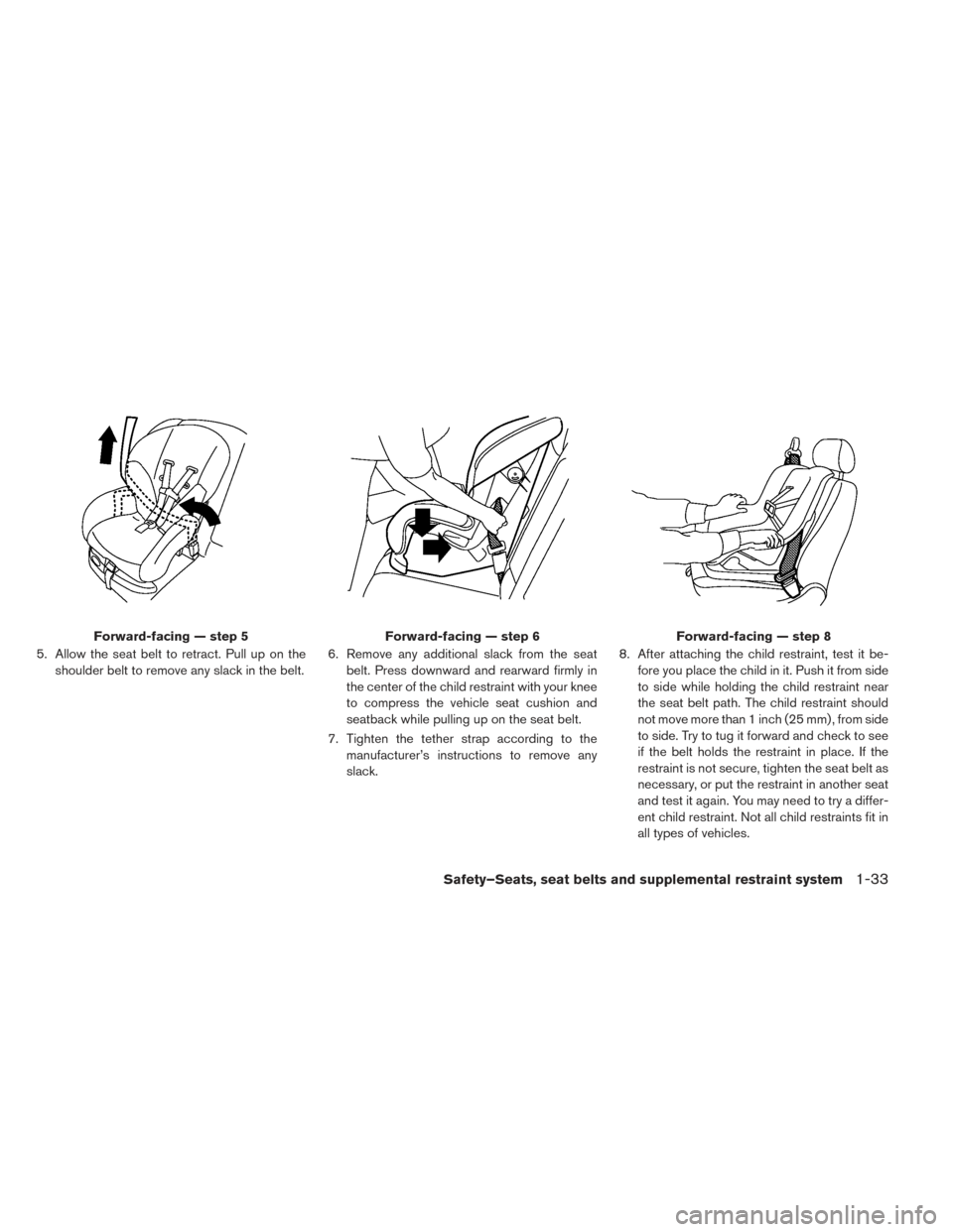 NISSAN LEAF 2016 1.G Owners Guide 5. Allow the seat belt to retract. Pull up on theshoulder belt to remove any slack in the belt. 6. Remove any additional slack from the seat
belt. Press downward and rearward firmly in
the center of t