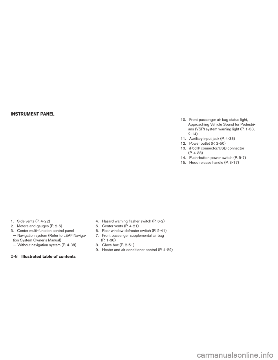 NISSAN LEAF 2016 1.G User Guide 1. Side vents (P. 4-22)
2. Meters and gauges (P. 2-5)
3. Center multi-function control panel— Navigation system (Refer to LEAF Naviga-
tion System Owner’s Manual)
— Without navigation system (P. NISSAN LEAF 2016 1.G User Guide 1. Side vents (P. 4-22)
2. Meters and gauges (P. 2-5)
3. Center multi-function control panel— Navigation system (Refer to LEAF Naviga-
tion System Owner’s Manual)
— Without navigation system (P.