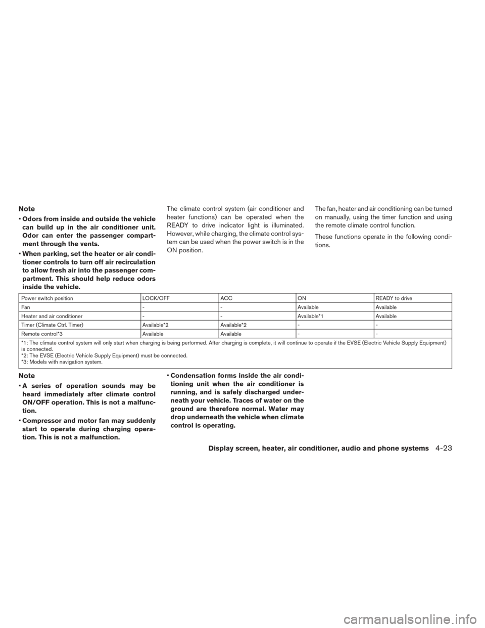 NISSAN LEAF 2016 1.G Owners Manual Note
•Odors from inside and outside the vehicle
can build up in the air conditioner unit.
Odor can enter the passenger compart-
ment through the vents.
• When parking, set the heater or air condi-