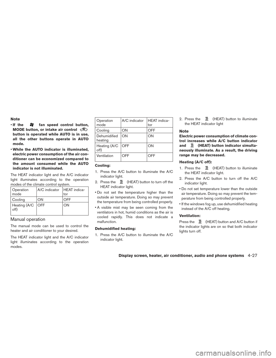 NISSAN LEAF 2016 1.G Owners Guide Note
•If thefan speed control button,
MODE button, or intake air control
button is operated while AUTO is in use,
all the other buttons operate in AUTO
mode.
• While the AUTO indicator is illumina