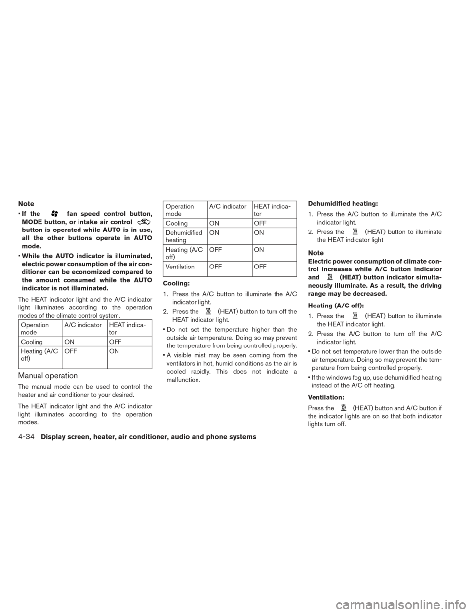 NISSAN LEAF 2016 1.G Owners Manual Note
•If thefan speed control button,
MODE button, or intake air control
button is operated while AUTO is in use,
all the other buttons operate in AUTO
mode.
• While the AUTO indicator is illumina