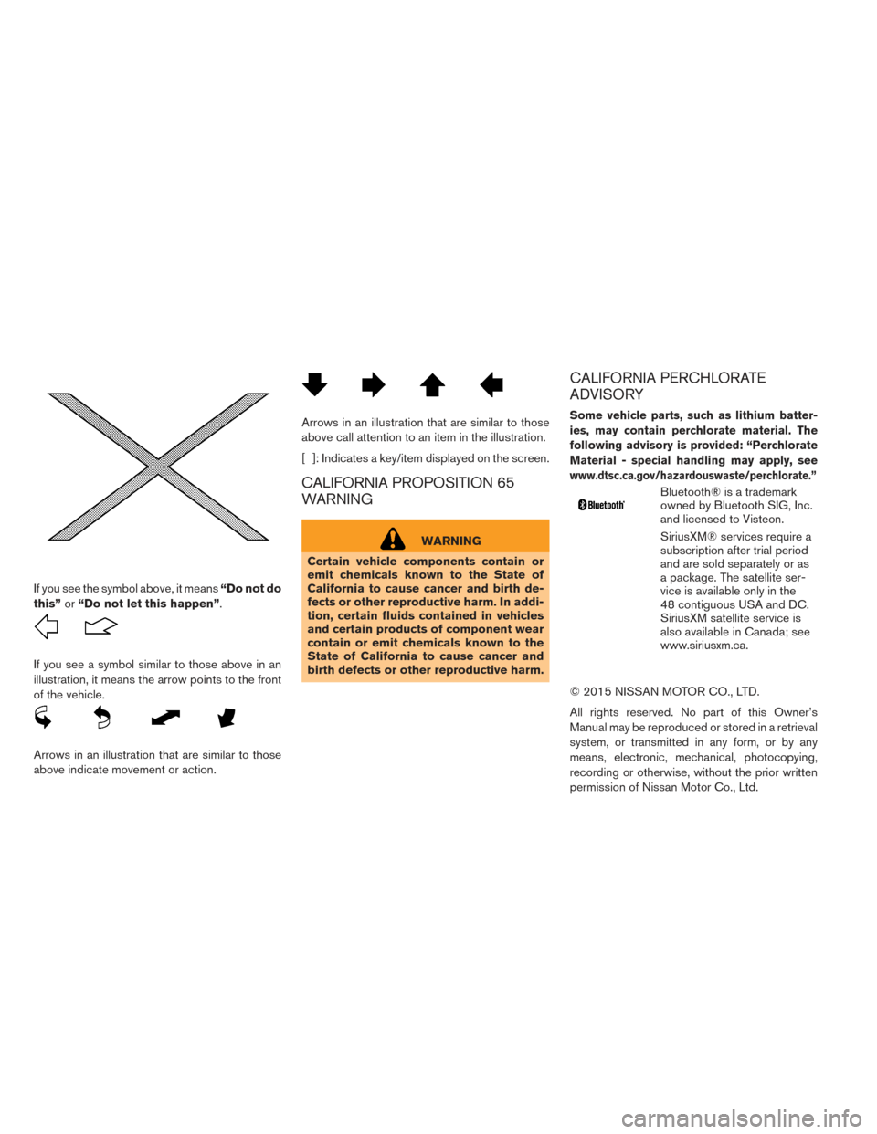 NISSAN LEAF 2016 1.G Owners Manual If you see the symbol above, it means“Do not do
this” or“Do not let this happen”.
If you see a symbol similar to those above in an
illustration, it means the arrow points to the front
of the v NISSAN LEAF 2016 1.G Owners Manual If you see the symbol above, it means“Do not do
this” or“Do not let this happen”.
If you see a symbol similar to those above in an
illustration, it means the arrow points to the front
of the v