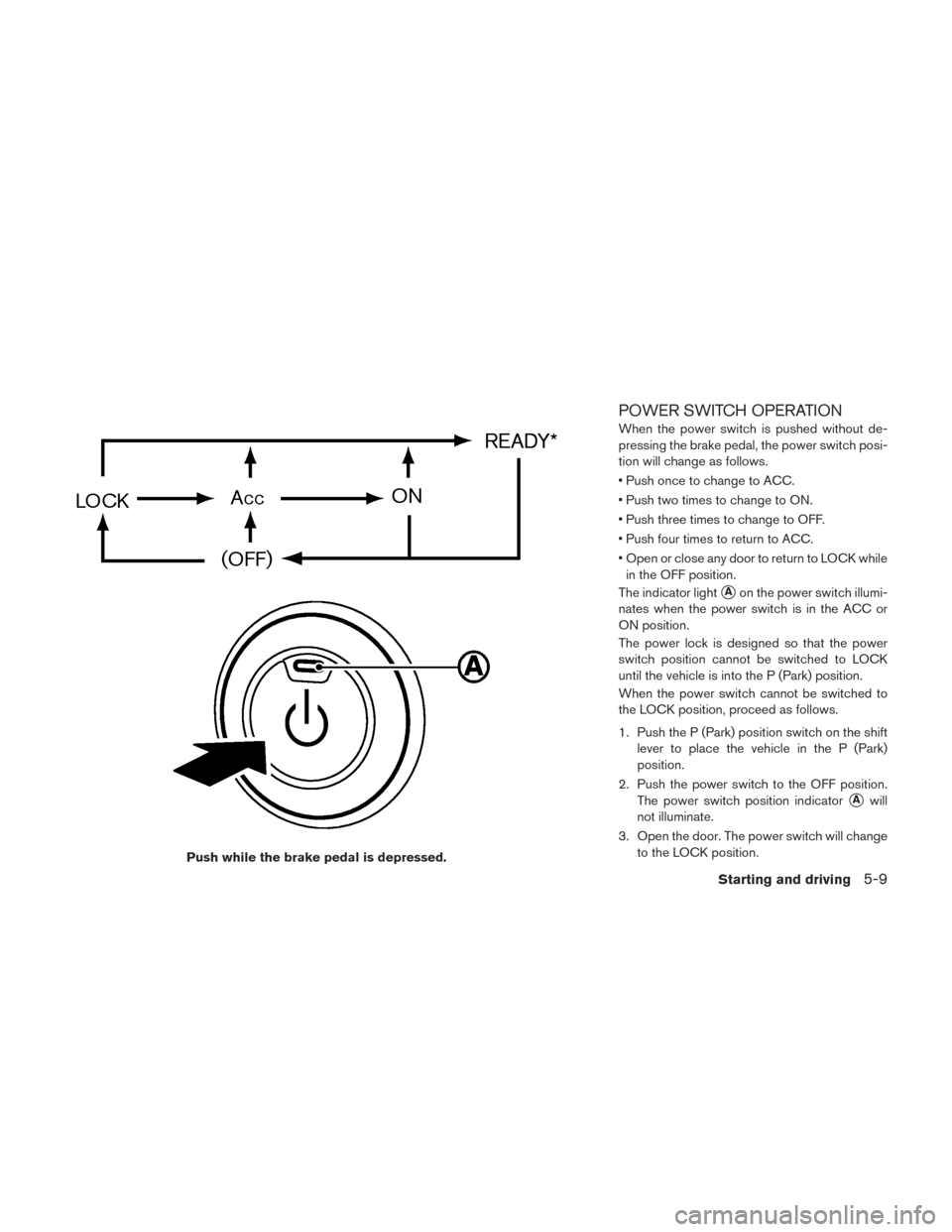 NISSAN LEAF 2016 1.G Owners Manual POWER SWITCH OPERATION
When the power switch is pushed without de-
pressing the brake pedal, the power switch posi-
tion will change as follows.
• Push once to change to ACC.
• Push two times to c