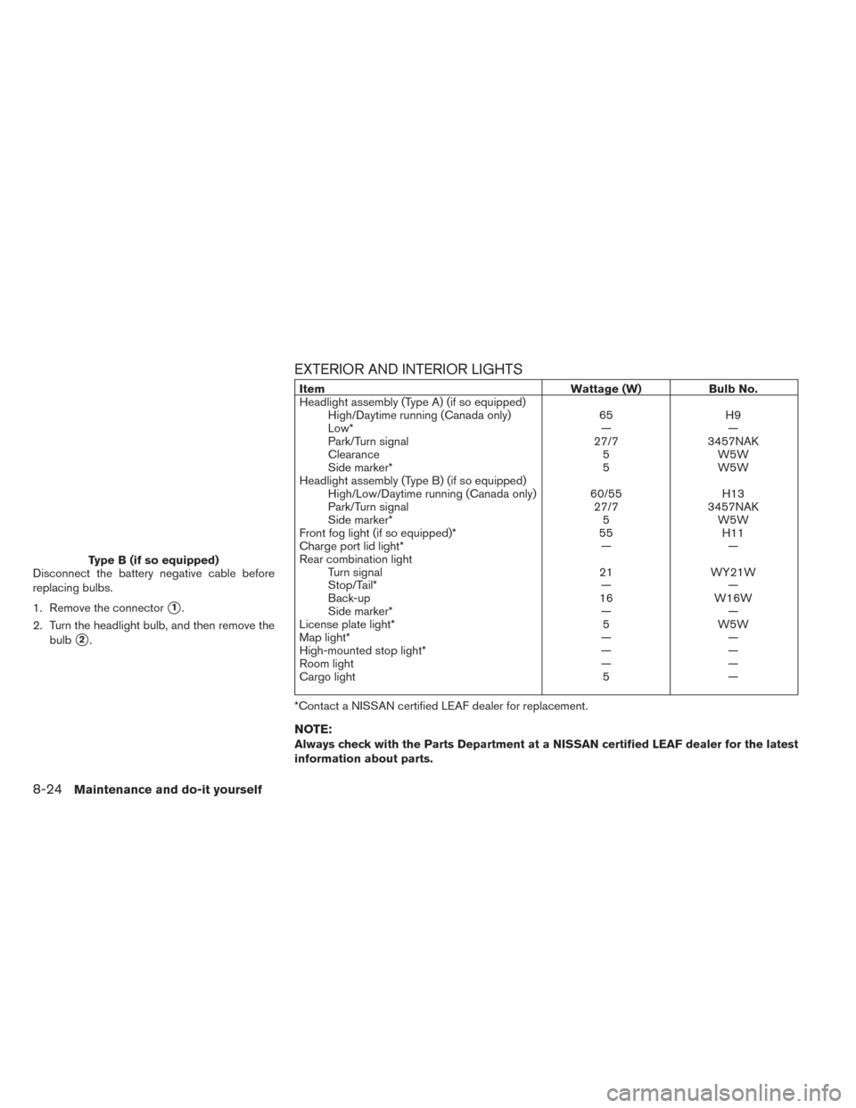 NISSAN LEAF 2016 1.G Owners Manual Disconnect the battery negative cable before
replacing bulbs.
1. Remove the connector
1.
2. Turn the headlight bulb, and then remove the bulb
2.
EXTERIOR AND INTERIOR LIGHTS
Item Wattage (W)Bulb No.