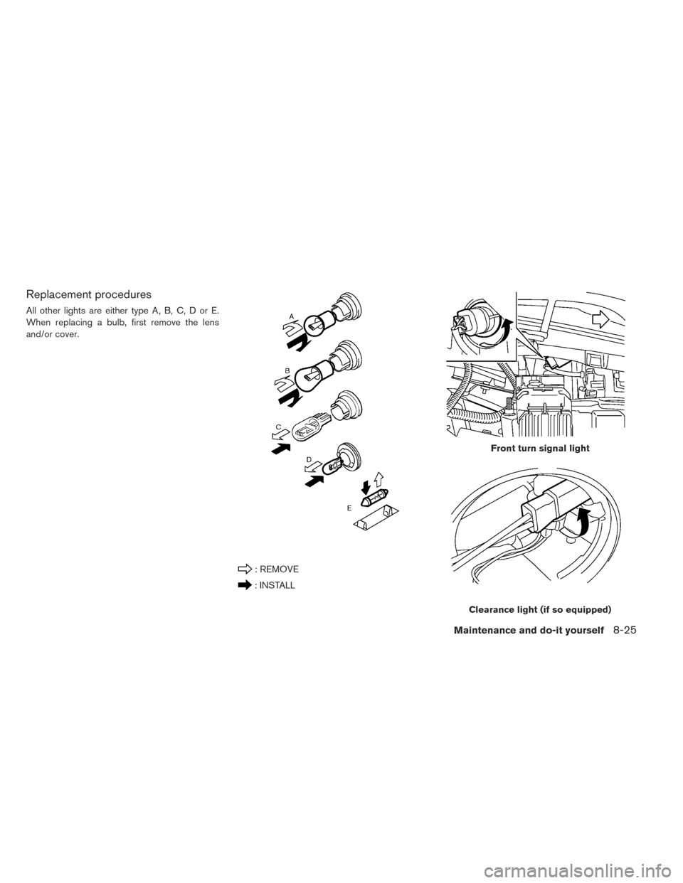 NISSAN LEAF 2016 1.G Owners Manual Replacement procedures
All other lights are either type A, B, C, D or E.
When replacing a bulb, first remove the lens
and/or cover.
: REMOVE
: INSTALL
Front turn signal light
Clearance light (if so eq