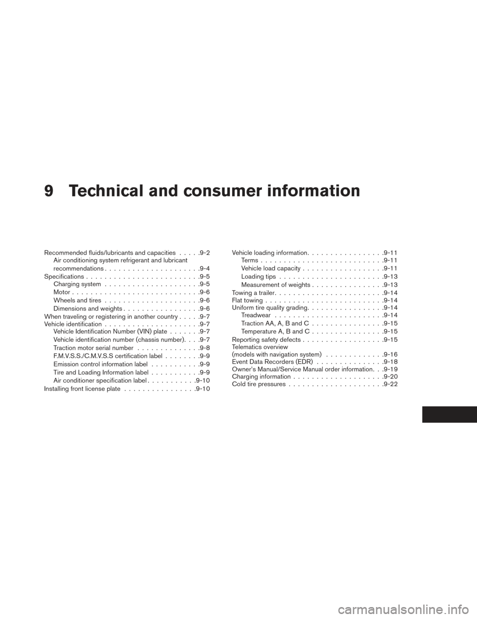 NISSAN LEAF 2016 1.G User Guide 9 Technical and consumer information
Recommended fluids/lubricants and capacities.....9-2
Air conditioning system refrigerant and lubricant
recommendations .................... .9-4
Specifications ...