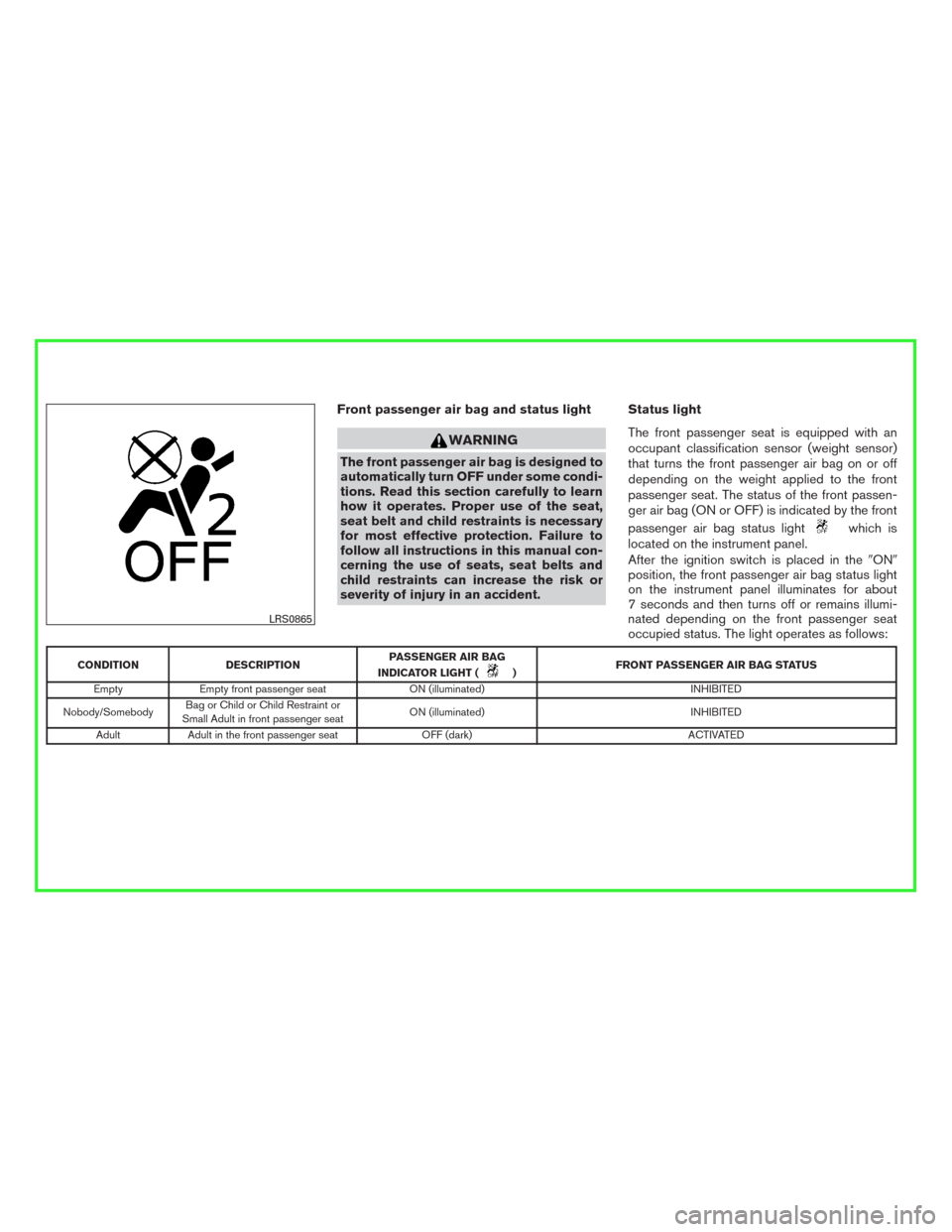 NISSAN LEAF 2016 1.G Service Manual Front passenger air bag and status light
WARNING
The front passenger air bag is designed to
automatically turn OFF under some condi-
tions. Read this section carefully to learn
how it operates. Proper