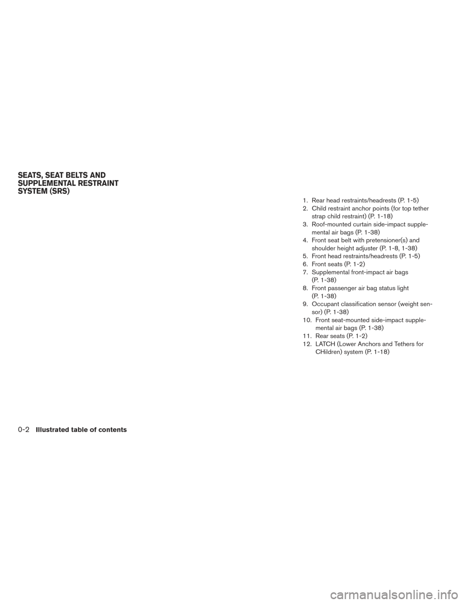NISSAN LEAF 2016 1.G Owners Manual 1. Rear head restraints/headrests (P. 1-5)
2. Child restraint anchor points (for top tetherstrap child restraint) (P. 1-18)
3. Roof-mounted curtain side-impact supple- mental air bags (P. 1-38)
4. Fro NISSAN LEAF 2016 1.G Owners Manual 1. Rear head restraints/headrests (P. 1-5)
2. Child restraint anchor points (for top tetherstrap child restraint) (P. 1-18)
3. Roof-mounted curtain side-impact supple- mental air bags (P. 1-38)
4. Fro
