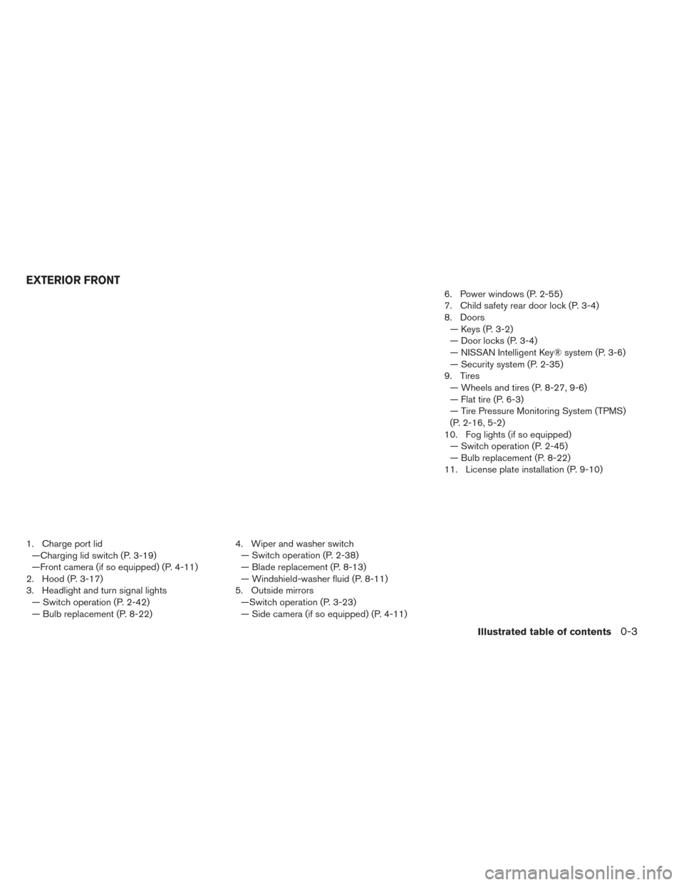 NISSAN LEAF 2016 1.G Owners Manual 1. Charge port lid—Charging lid switch (P. 3-19)
—Front camera (if so equipped) (P. 4-11)
2. Hood (P. 3-17)
3. Headlight and turn signal lights — Switch operation (P. 2-42)
— Bulb replacement 