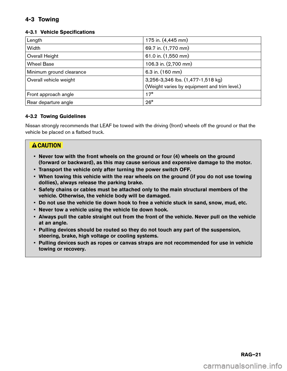 NISSAN LEAF 2016 1.G Roadside Assistance Guide 4-3 Towing
4-3.1
Vehicle Specifications Length
175
in. (4,445 mm)
Width 69.7 in. (1,770 mm)
Overall Height 61.0 in. (1,550 mm)
Wheel Base 106.3 in. (2,700 mm)
Minimum ground clearance 6.3 in. (160 mm NISSAN LEAF 2016 1.G Roadside Assistance Guide 4-3 Towing
4-3.1
Vehicle Specifications Length
175
in. (4,445 mm)
Width 69.7 in. (1,770 mm)
Overall Height 61.0 in. (1,550 mm)
Wheel Base 106.3 in. (2,700 mm)
Minimum ground clearance 6.3 in. (160 mm