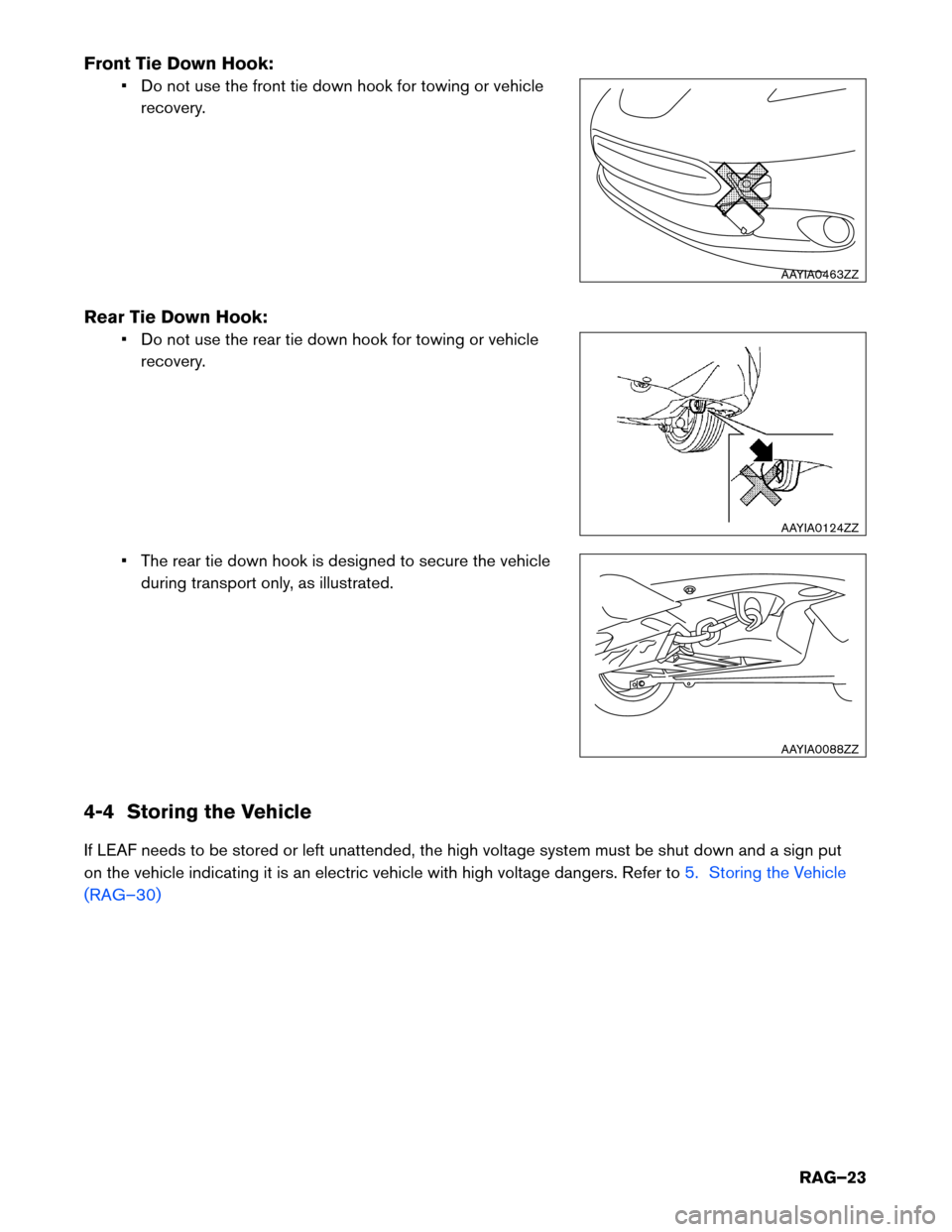 NISSAN LEAF 2016 1.G Roadside Assistance Guide Front Tie Down Hook:
• Do not use the front tie down hook for towing or vehicle
recovery.
Rear Tie Down Hook: • Do not use the rear tie down hook for towing or vehiclerecovery.
• The rear tie do