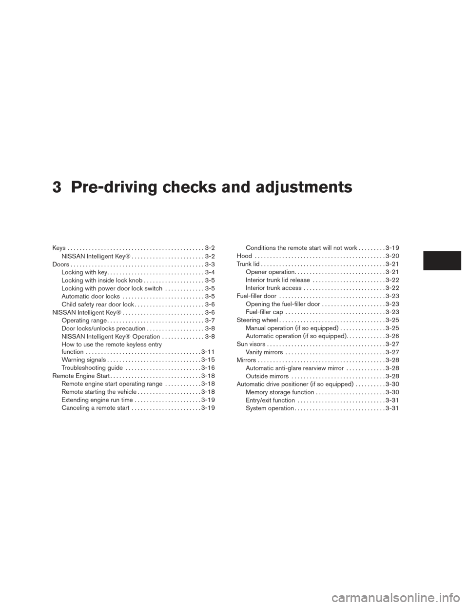 NISSAN MAXIMA 2016 A36 / 8.G Owners Guide 3 Pre-driving checks and adjustments
Keys .............................................3-2NISSAN Intelligent Key® . .......................3-2
Doors ............................................3-3
Lo