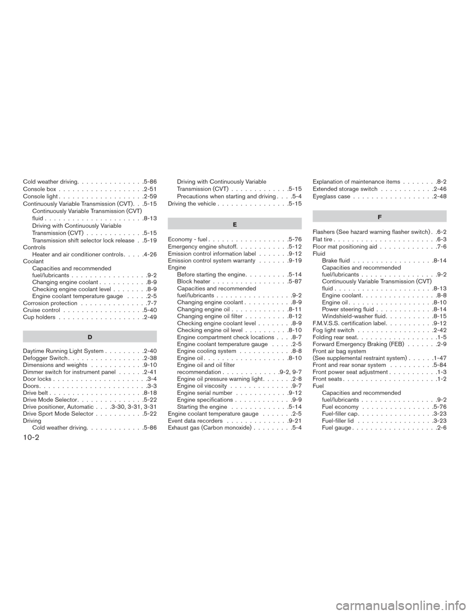 NISSAN MAXIMA 2016 A36 / 8.G User Guide Cold weather driving...............5-86
Consolebox...................2-51
Consolelight...................2-59
Continuously Variable Transmission (CVT) . . .5-15 Continuously Variable Transmission (CVT