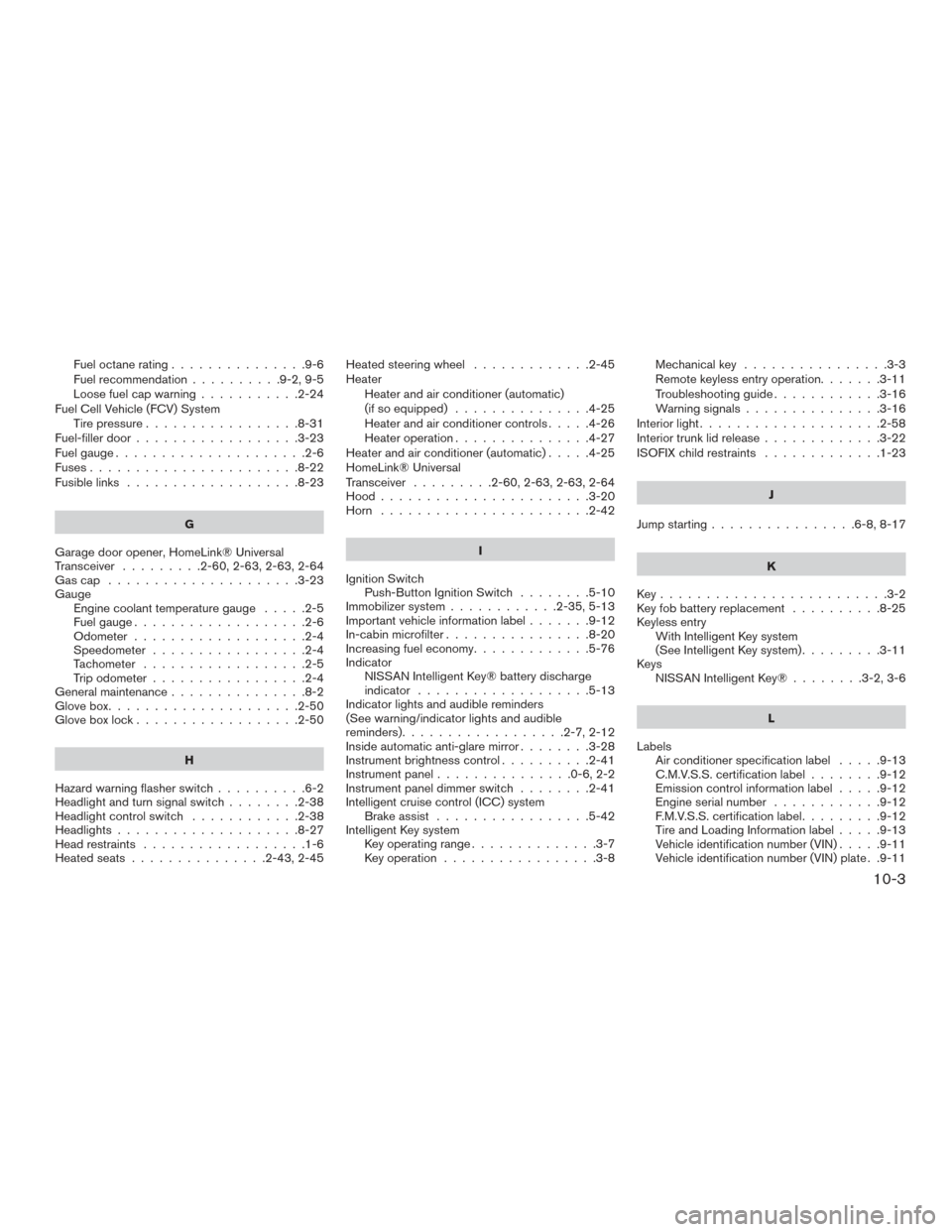 NISSAN MAXIMA 2016 A36 / 8.G User Guide Fuel octane rating...............9-6
Fuel recommendation ..........9-2,9-5
Loose fuel cap warning ...........2-24
Fuel Cell Vehicle (FCV) System Tirepressure.................8-31
Fuel-filler door ....