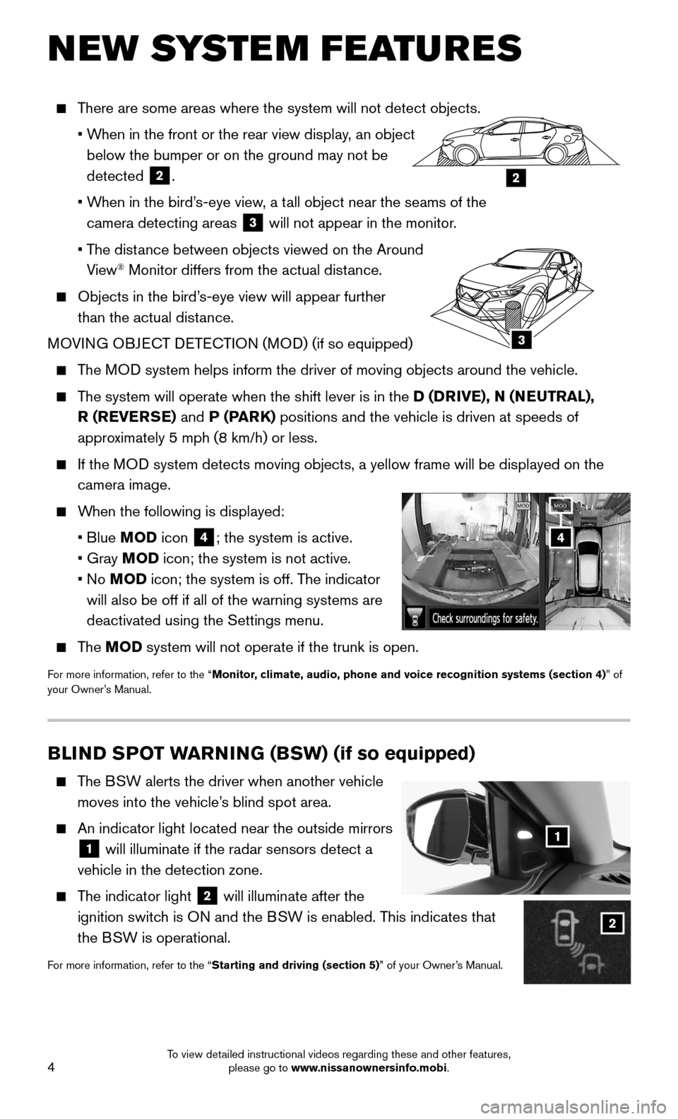 NISSAN MAXIMA 2016 A36 / 8.G Quick Reference Guide 4
BLIND SPOT WARNING (BSW) (if so equipped)
    The BSW alerts the driver when another vehicle 
moves into the vehicle’s blind spot area.
    An indicator light located near the outside mirrors 
1 w