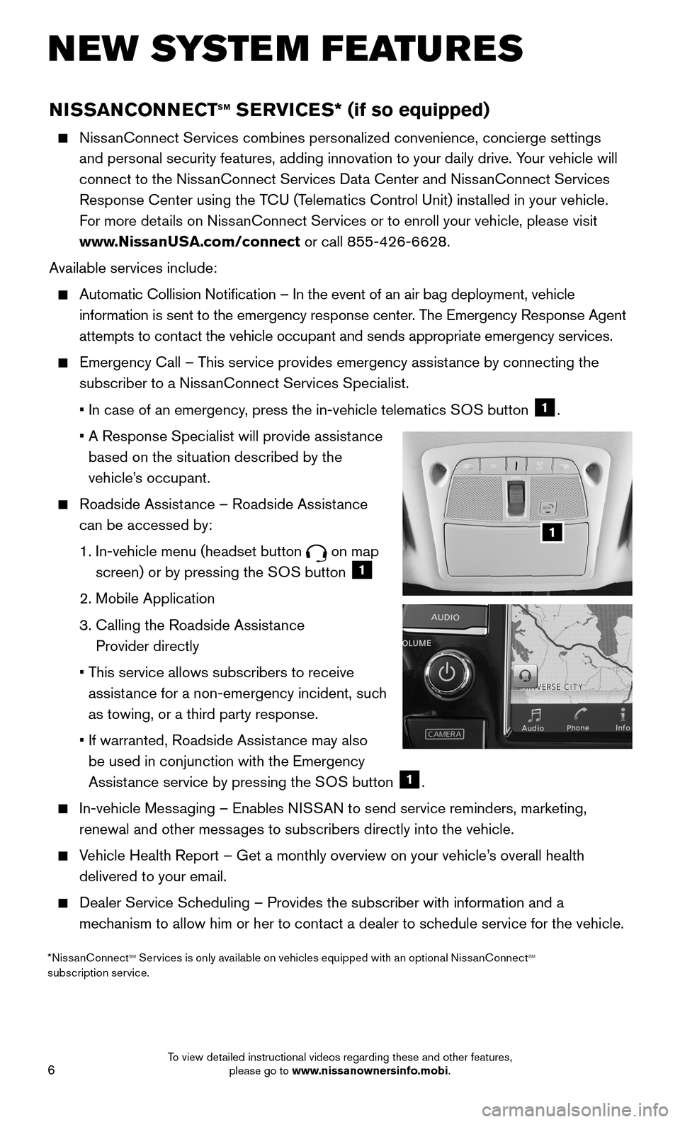 NISSAN MAXIMA 2016 A36 / 8.G Quick Reference Guide 6
NISSANCONNECTsm sERVICEs* (if so equipped)
    NissanConnect Services combines personalized convenience, concierge settings\
 
and personal security features, adding innovation to your daily drive. 