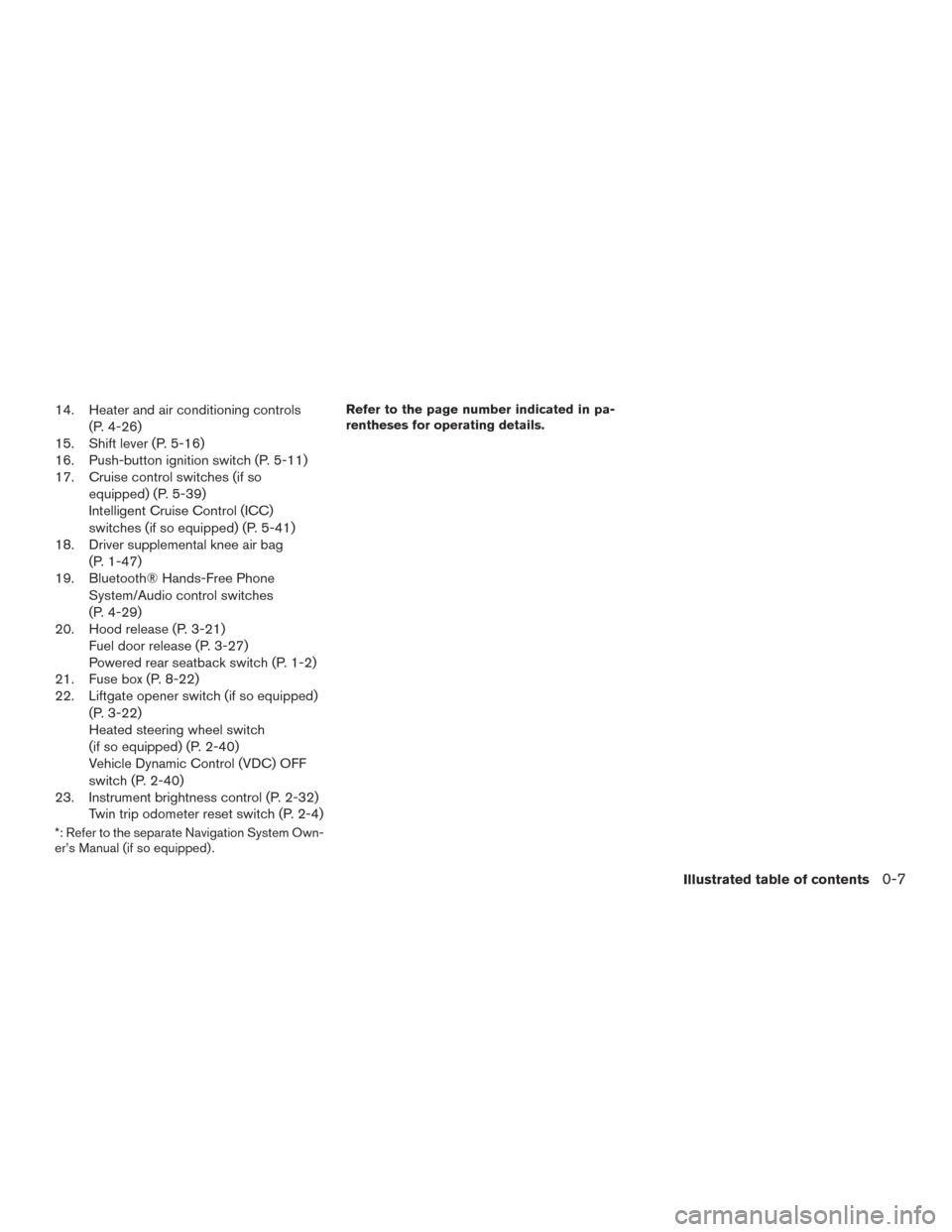 NISSAN MURANO 2016 3.G User Guide 14. Heater and air conditioning controls
(P. 4-26)
15. Shift lever (P. 5-16)
16. Push-button ignition switch (P. 5-11)
17. Cruise control switches (if so
equipped) (P. 5-39)
Intelligent Cruise Control NISSAN MURANO 2016 3.G User Guide 14. Heater and air conditioning controls
(P. 4-26)
15. Shift lever (P. 5-16)
16. Push-button ignition switch (P. 5-11)
17. Cruise control switches (if so
equipped) (P. 5-39)
Intelligent Cruise Control