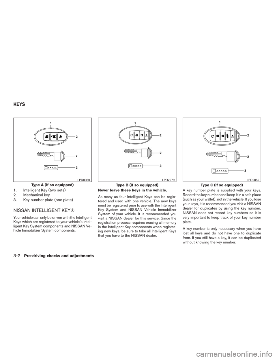 NISSAN MURANO 2016 3.G User Guide 1. Intelligent Key (two sets)
2. Mechanical key
3. Key number plate (one plate)
NISSAN INTELLIGENT KEY®
Your vehicle can only be driven with the Intelligent
Keys which are registered to your vehicle�