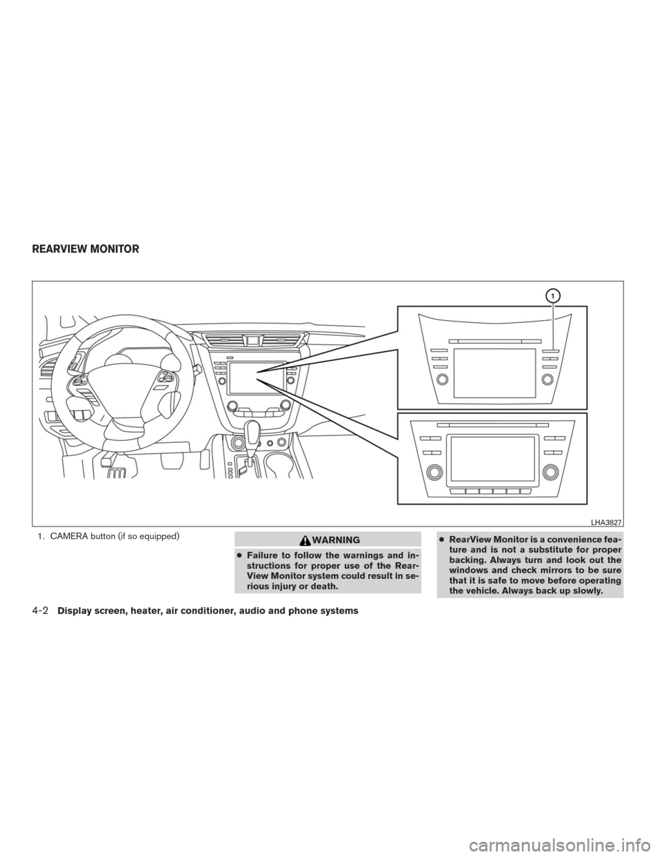 NISSAN MURANO 2016 3.G Owners Manual 1. CAMERA button (if so equipped)WARNING
●Failure to follow the warnings and in-
structions for proper use of the Rear-
View Monitor system could result in se-
rious injury or death.●RearView Moni