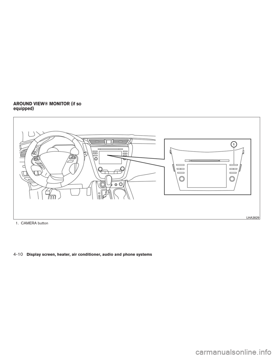 NISSAN MURANO 2016 3.G Owners Manual 1. CAMERA button
LHA3829
AROUND VIEW® MONITOR (if so
equipped)
4-10Display screen, heater, air conditioner, audio and phone systems 