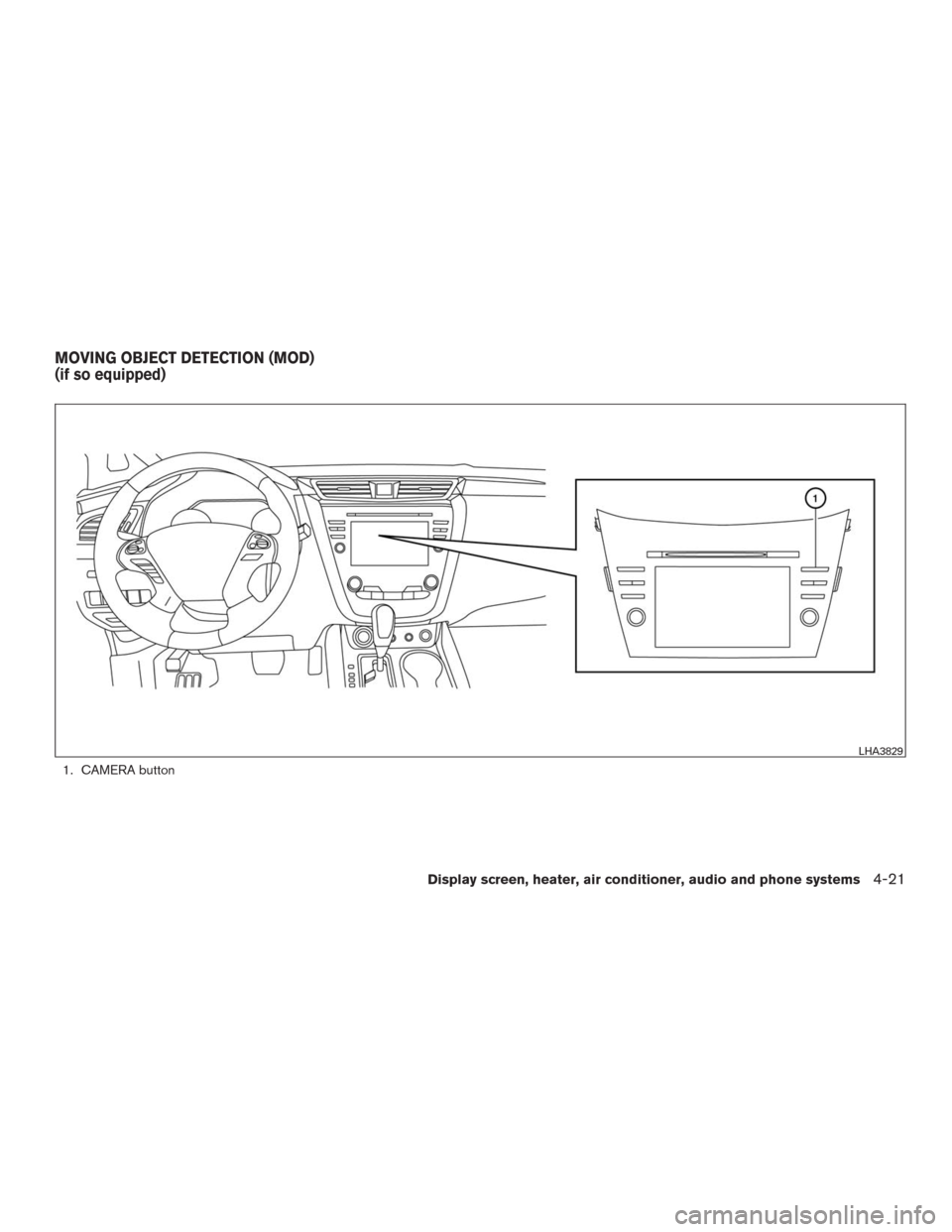 NISSAN MURANO 2016 3.G Owners Manual 1. CAMERA button
LHA3829
MOVING OBJECT DETECTION (MOD)
(if so equipped)
Display screen, heater, air conditioner, audio and phone systems4-21 