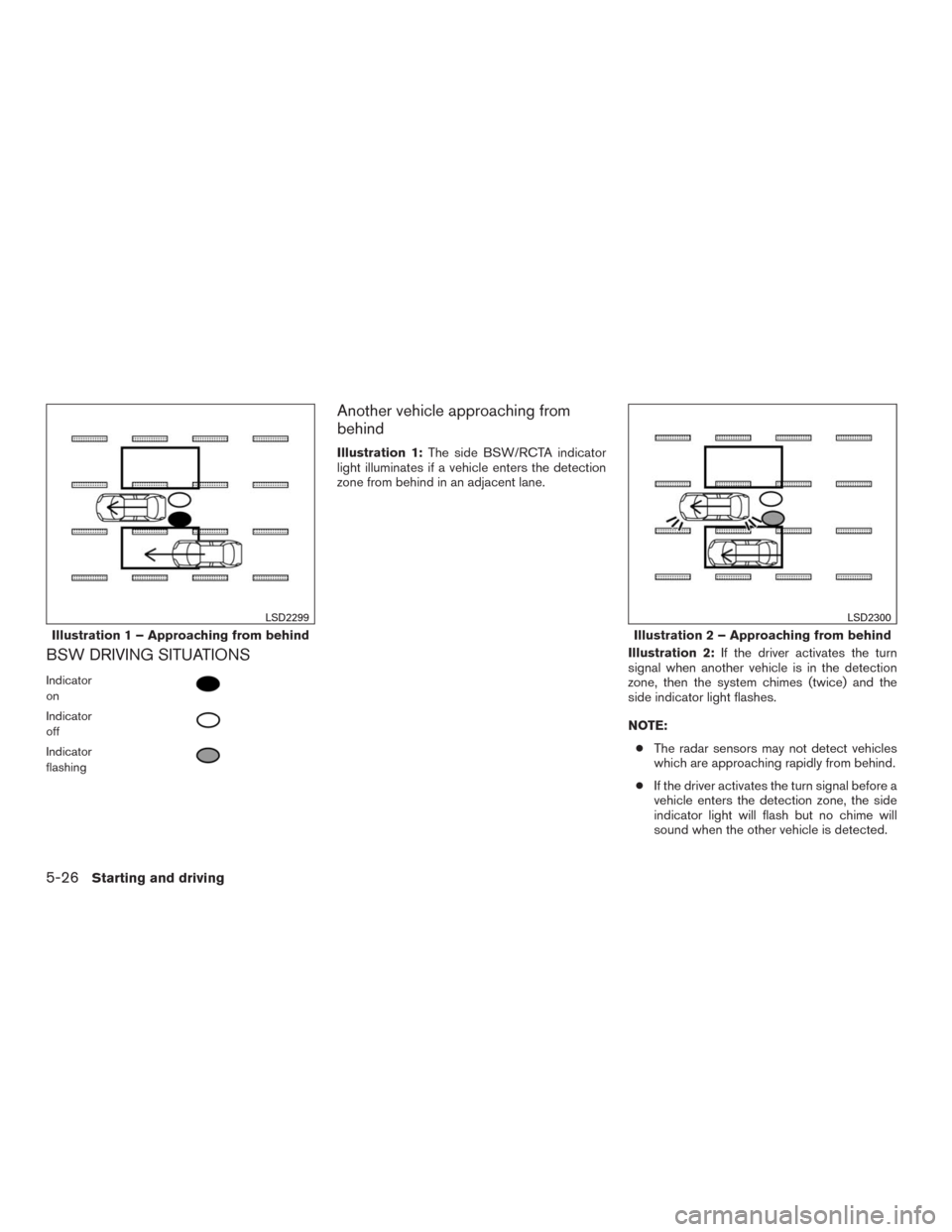 NISSAN MURANO 2016 3.G Owners Manual BSW DRIVING SITUATIONS
Indicator
on
Indicator
off
Indicator
flashing
Another vehicle approaching from
behind
Illustration 1:The side BSW/RCTA indicator
light illuminates if a vehicle enters the detect