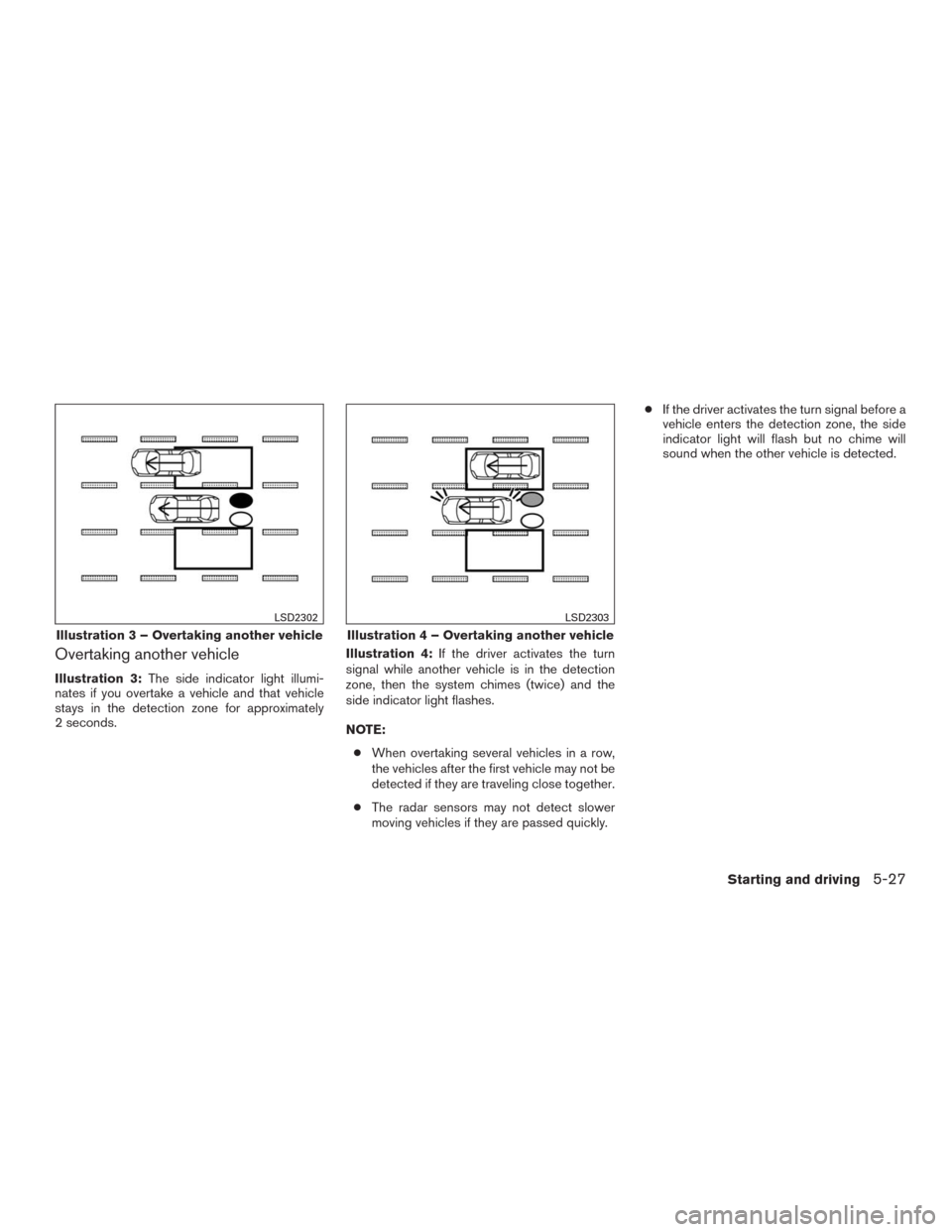 NISSAN MURANO 2016 3.G Owners Manual Overtaking another vehicle
Illustration 3:The side indicator light illumi-
nates if you overtake a vehicle and that vehicle
stays in the detection zone for approximately
2 seconds.Illustration 4:If th