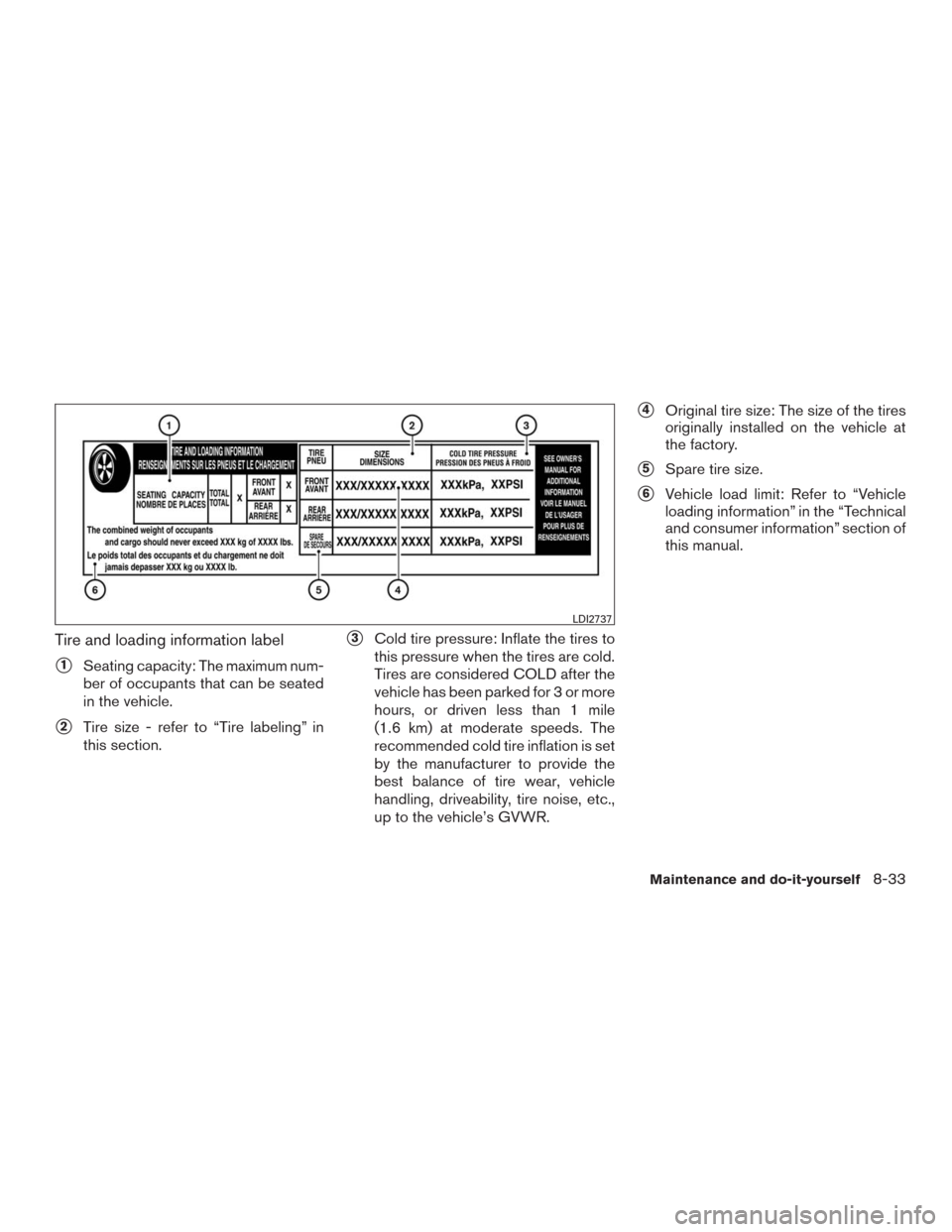 NISSAN MURANO 2016 3.G Owners Guide Tire and loading information label
1Seating capacity: The maximum num-
ber of occupants that can be seated
in the vehicle.
2Tire size - refer to “Tire labeling” in
this section.
3Cold tire pres