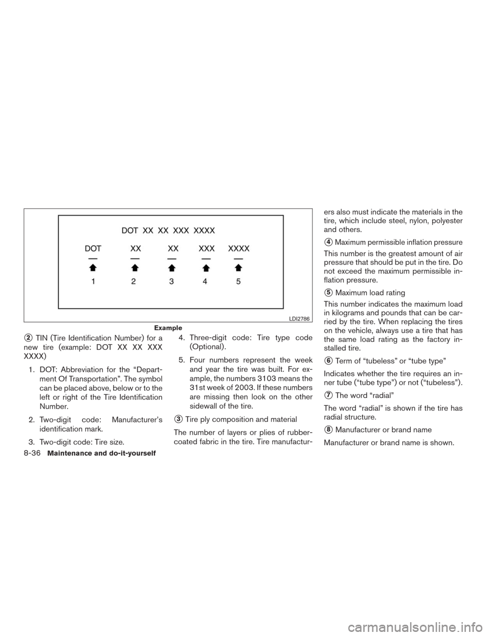 NISSAN MURANO 2016 3.G User Guide 2TIN (Tire Identification Number) for a
new tire (example: DOT XX XX XXX
XXXX)
1. DOT: Abbreviation for the “Depart-
ment Of Transportation”. The symbol
can be placed above, below or to the
left 