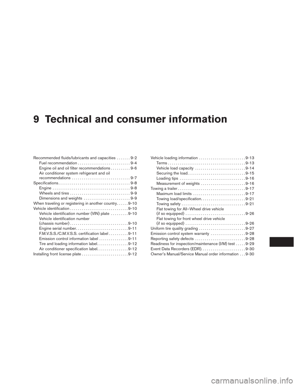NISSAN MURANO 2016 3.G Owners Manual 9 Technical and consumer information
Recommended fluids/lubricants and capacities.......9-2
Fuel recommendation...........................9-4
Engine oil and oil filter recommendations..........9-6
Air