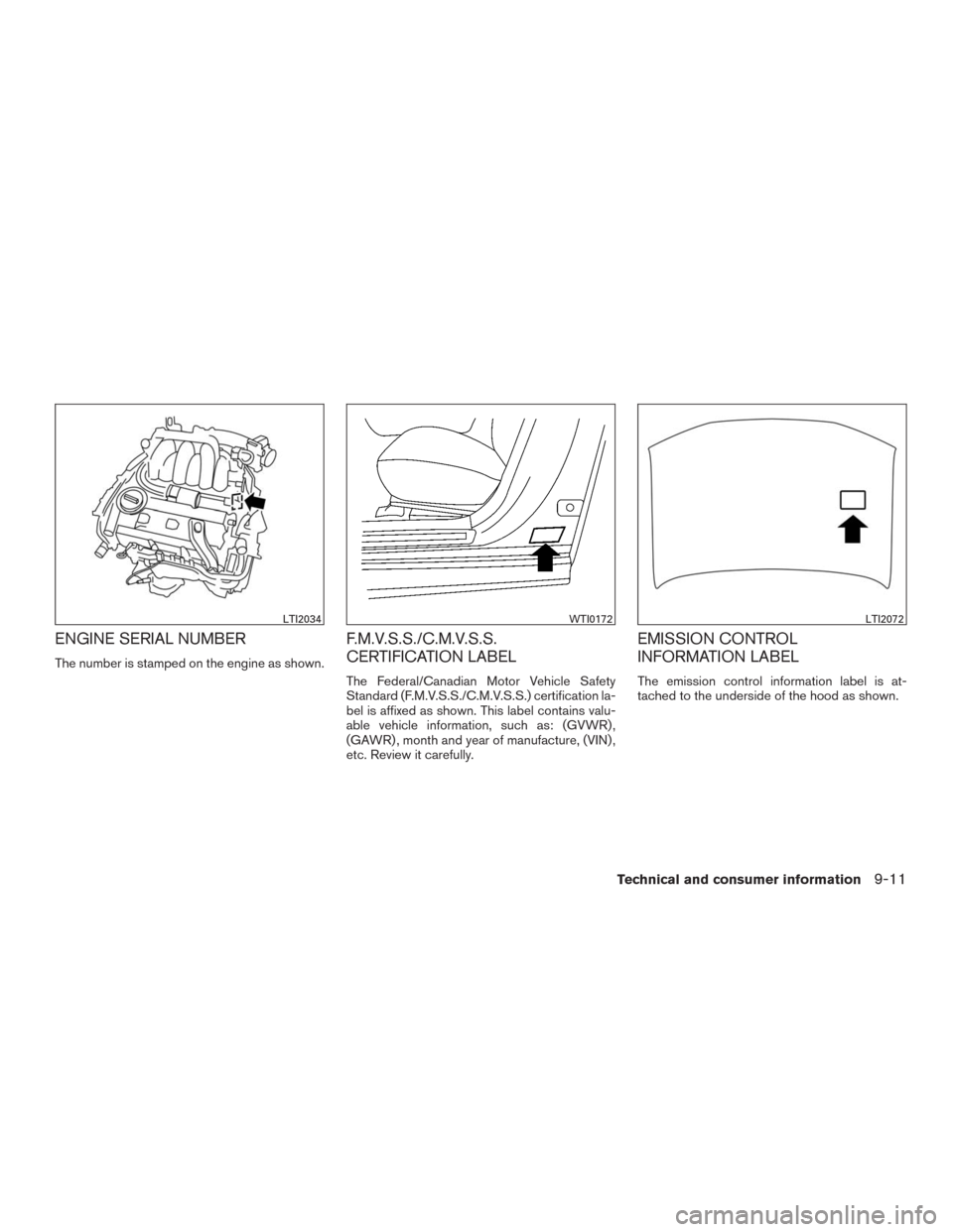 NISSAN MURANO 2016 3.G Owners Manual ENGINE SERIAL NUMBER
The number is stamped on the engine as shown.
F.M.V.S.S./C.M.V.S.S.
CERTIFICATION LABEL
The Federal/Canadian Motor Vehicle Safety
Standard (F.M.V.S.S./C.M.V.S.S.) certification la