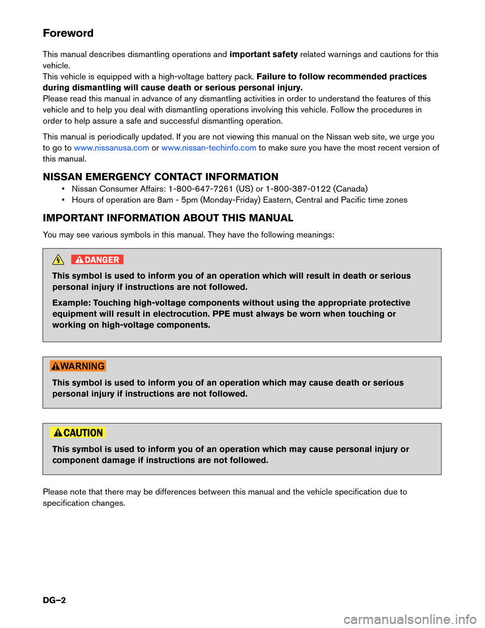 NISSAN MURANO HYBRID 2016 3.G Dismantling Guide Foreword
This
manual describes dismantling operations and important safetyrelated warnings and cautions for this
vehicle.
This vehicle is equipped with a high-voltage battery pack. Failure to follow r NISSAN MURANO HYBRID 2016 3.G Dismantling Guide Foreword
This
manual describes dismantling operations and important safetyrelated warnings and cautions for this
vehicle.
This vehicle is equipped with a high-voltage battery pack. Failure to follow r