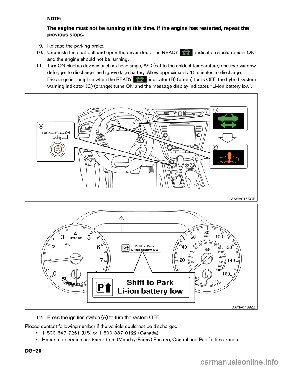 NISSAN MURANO HYBRID 2016 3.G Dismantling Guide NOTE:
The
engine must not be running at this time. If the engine has restarted, repeat the
previous steps.
9. Release the parking brake.
10. Unbuckle the seat belt and open the driver door. The READY 