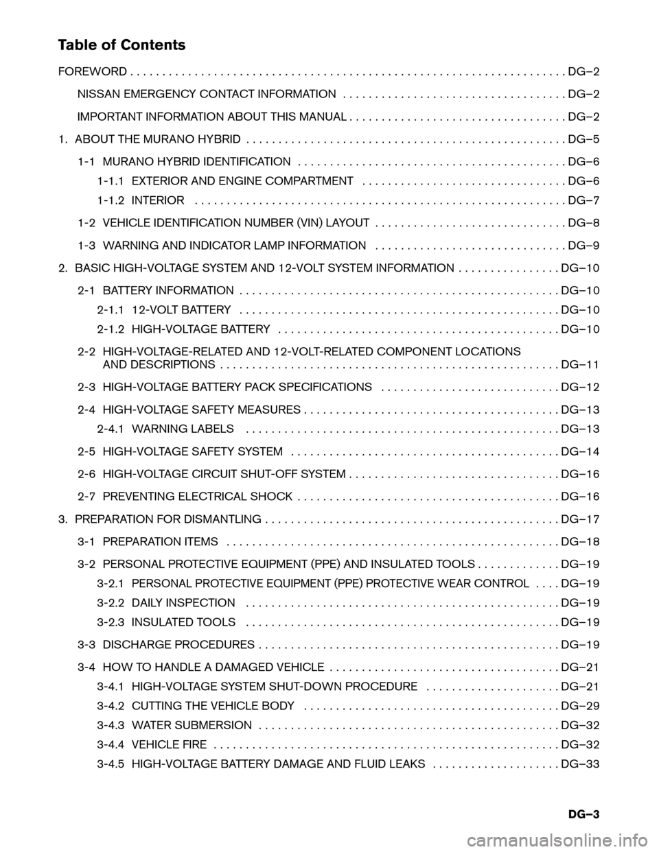 NISSAN MURANO HYBRID 2016 3.G Dismantling Guide Table of Contents
FOREWORD
. . . . . . . . . . . . . . . . . . . . . . . . . . . . . . . . . . . . . . . . . . . . . . . . . . . . . . . . . . . . . . . . . . . . DG–2
NISSAN EMERGENCY CONTACT INFOR