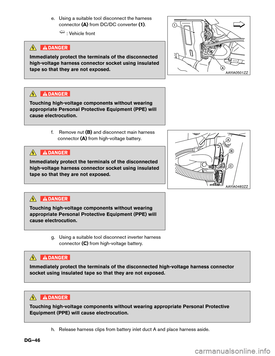 NISSAN MURANO HYBRID 2016 3.G Dismantling Guide e. Using a suitable tool disconnect the harness
connector (A)from
DC/DC converter(1). : Vehicle front
DANGER
Immediately protect the terminals of the disconnected
high-voltage

harness connector socke