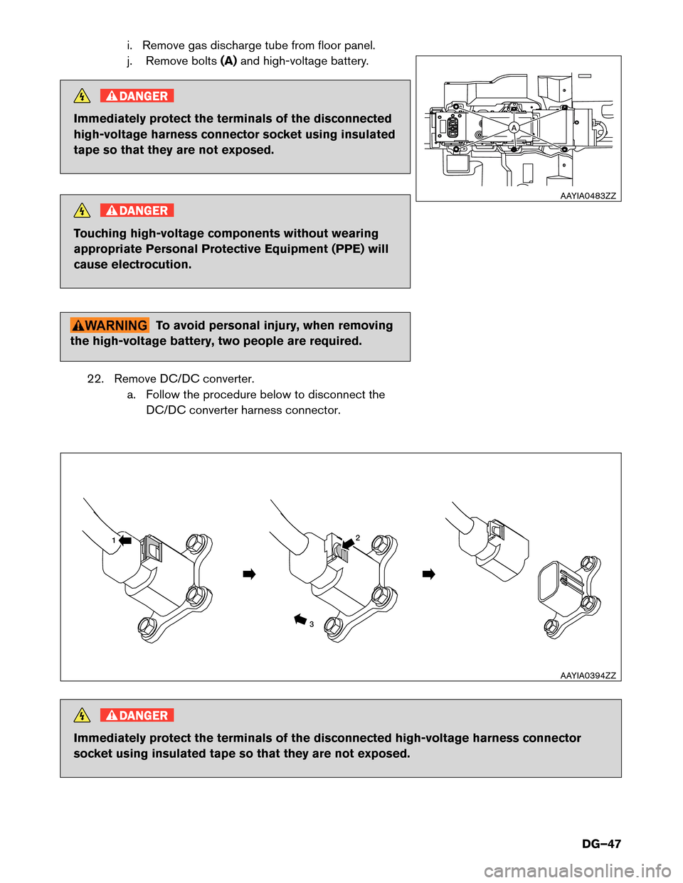 NISSAN MURANO HYBRID 2016 3.G Dismantling Guide i. Remove gas discharge tube from floor panel.
j.
Remove bolts (A)and high-voltage battery. DANGER
Immediately protect the terminals of the disconnected
high-voltage

harness connector socket using in