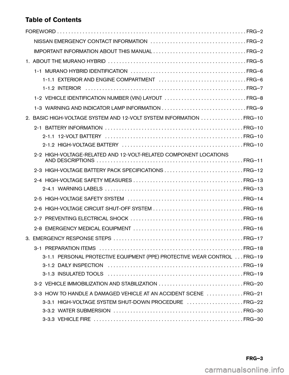 NISSAN MURANO HYBRID 2016 3.G First Responders Guide Table of Contents
FOREWORD
. . . . . . . . . . . . . . . . . . . . . . . . . . . . . . . . . . . . . . . . . . . . . . . . . . . . . . . . . . . . . . . . . . . FRG–2
NISSAN EMERGENCY CONTACT INFORM NISSAN MURANO HYBRID 2016 3.G First Responders Guide Table of Contents
FOREWORD
. . . . . . . . . . . . . . . . . . . . . . . . . . . . . . . . . . . . . . . . . . . . . . . . . . . . . . . . . . . . . . . . . . . FRG–2
NISSAN EMERGENCY CONTACT INFORM