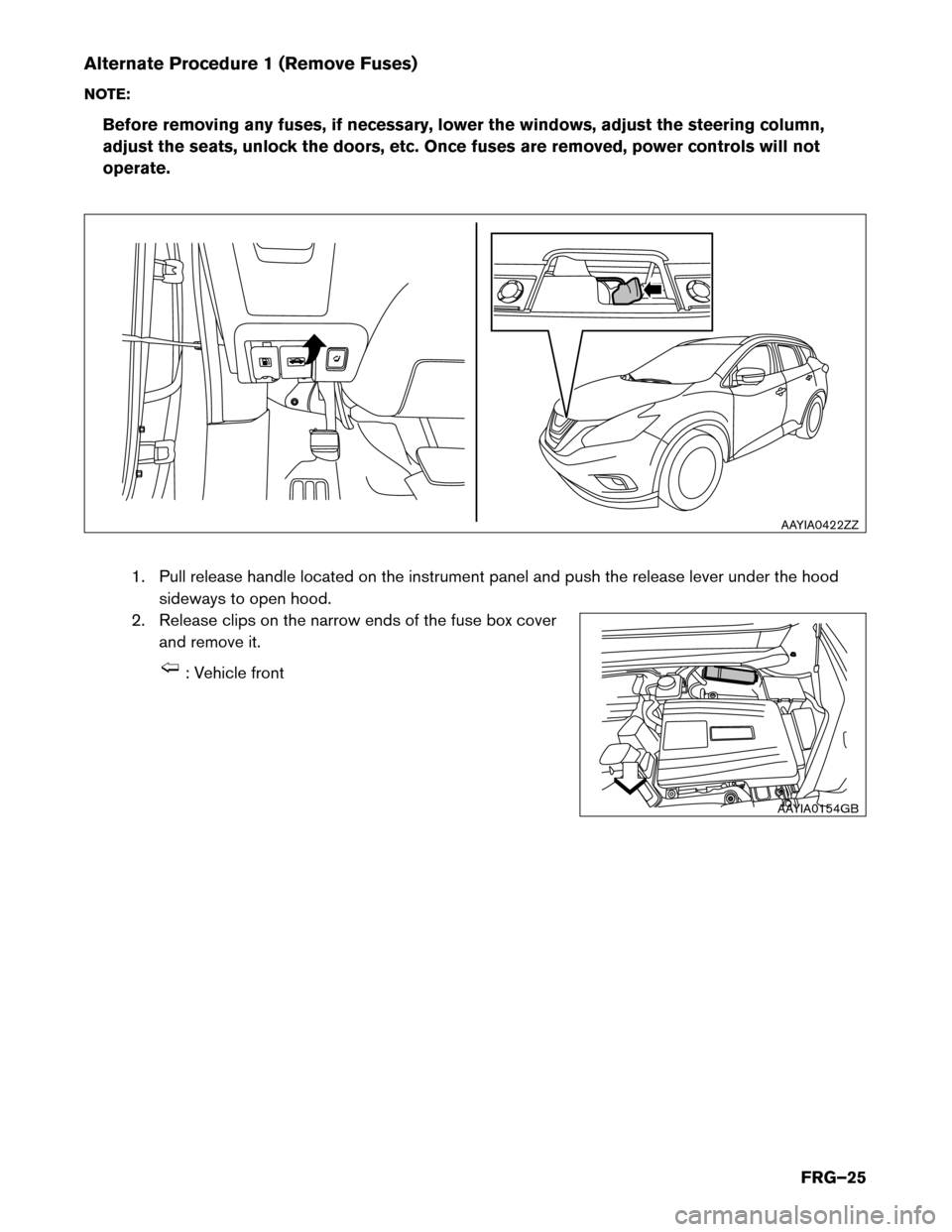 NISSAN MURANO HYBRID 2016 3.G First Responders Guide Alternate Procedure 1 (Remove Fuses)
NO
TE:
Before removing any fuses, if necessary, lower the windows, adjust the steering column,
adjust the seats, unlock the doors, etc. Once fuses are removed, pow