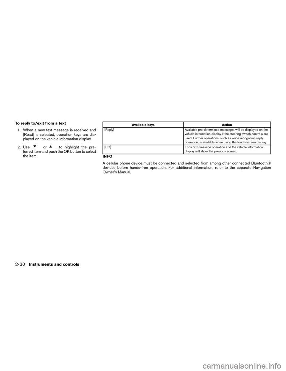 NISSAN MURANO HYBRID 2016 3.G User Guide To reply to/exit from a text1. When a new text message is received and [Read] is selected, operation keys are dis-
played on the vehicle information display.
2. Use
orto highlight the pre-
ferred item