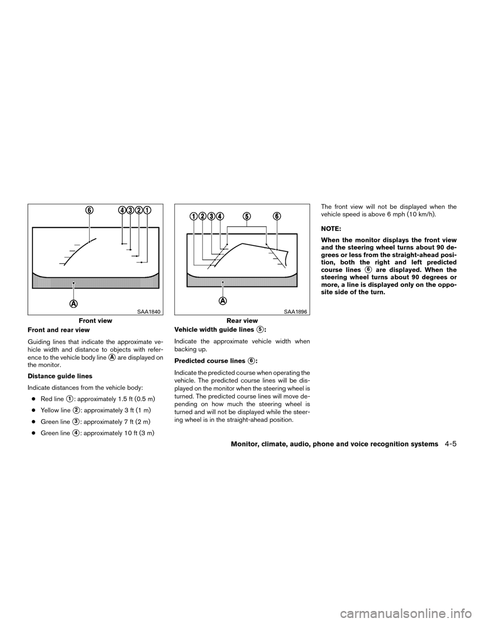 NISSAN MURANO HYBRID 2016 3.G Owners Manual Front and rear view
Guiding lines that indicate the approximate ve-
hicle width and distance to objects with refer-
ence to the vehicle body line
Aare displayed on
the monitor.
Distance guide lines
I