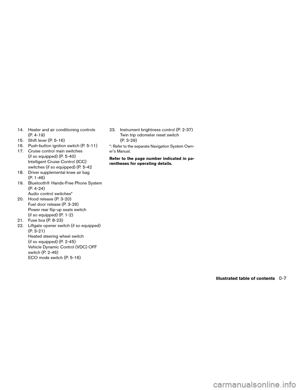 NISSAN MURANO HYBRID 2016 3.G Owners Manual 14. Heater and air conditioning controls(P. 4-19)
15. Shift lever (P. 5-16)
16. Push-button ignition switch (P. 5-11)
17. Cruise control main switches
(if so equipped) (P. 5-40)
Intelligent Cruise Con