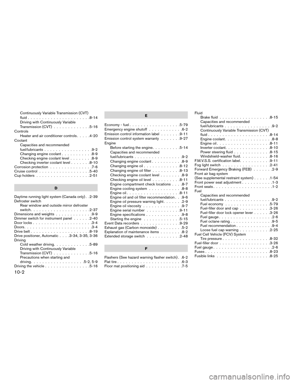 NISSAN MURANO HYBRID 2016 3.G Service Manual Continuously Variable Transmission (CVT)
fluid......................8-14
Driving with Continuously Variable
Transmission (CVT) .............5-16
Controls Heater and air conditioner controls .....4-20
