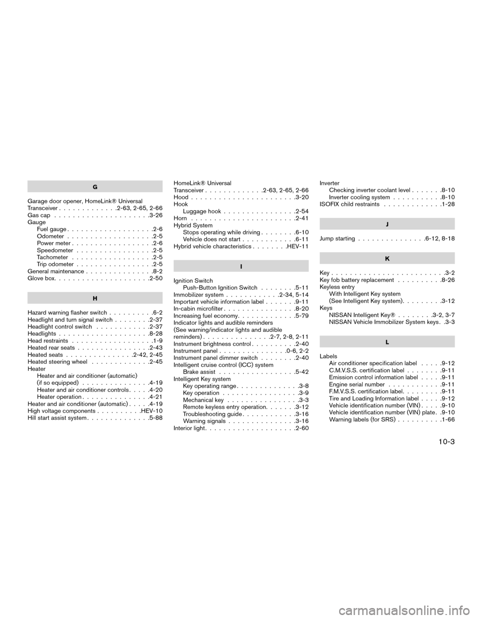 NISSAN MURANO HYBRID 2016 3.G Manual PDF G
Garage door opener, HomeLink® Universal
Transceiver .............2-63, 2-65, 2-66
Gascap .....................3-26
Gauge Fuel gauge ...................2-6
Odometer ...................2-5
Power mete