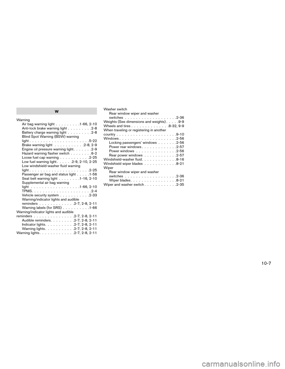 NISSAN MURANO HYBRID 2016 3.G Manual PDF W
Warning Air bag warning light .........1-66, 2-10
Anti-lock brake warning light .........2-8
Battery charge warning light .........2-8
Blind Spot Warning (BSW) warning
light ......................5-